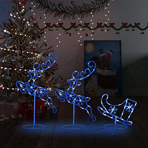 Homgoday Fliegende Rentiere und LED-Schlitten, 3 Stück, leuchtende Weihnachtsdekoration, mit 72 LEDs, 8 verschiedene Lichteffekte, für drinnen und draußen, Baum, Rasen, Garten, blau, 260 x 21 x 87 cm von Homgoday