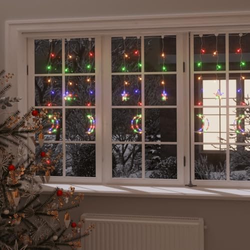 Homgoday Lichterketten Stern und Mond Fernbedienung, Weihnachtsbeleuchtung Weihnachtsdeko Innen Fenster, Lichtervorhang, für Weihnachten, Party, Deko, Hochzeit, Garten, Balkon 138 LED Bunt von Homgoday