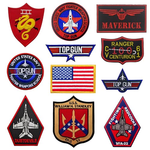 【Klettverschluss/zum Aufbügeln】 11 Stück Top Gon Patches Piloten-Patches Militär Patches Airsoft Flicken Flugflicken für Jacken Taktische Patches für Rucksäcke – Klettverschluss von Homiego