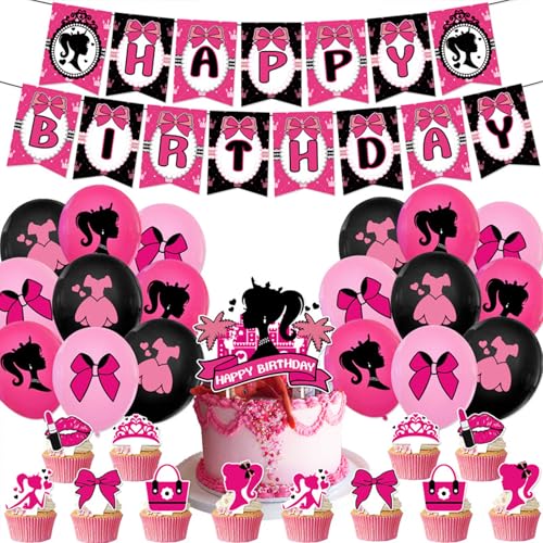 32 Stück Geburtstags-Dekorationen, Party-Dekoration, rosa Themen-Geburtstagsparty-Zubehör, inklusive Happy Birthday-Banner, Party-Luftballons, Dekorationen, Cupcake-Topper und Kuchenaufsätze von Homiladi