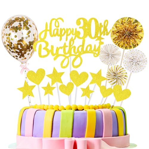 Happy 18th/ 21th/ 30th Birthday Cake Topper, 16pcs Gold Happy Birthday Cake Toppers Personalised Cake Topper, Happy Birthday Sign with Glitter Stars Heart Paper Fan Balloon Cake Decoration (30th) von Homiladi