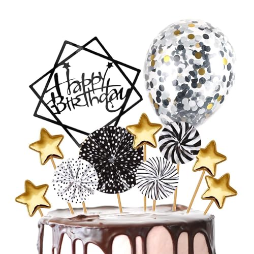 Tortenaufsatz "Happy Birthday", personalisierbar, Rosa/Gold/Schwarz, 11 Stück, Sternschloss, Ballon-Kuchenaufsatz-Set für Männer, Damen, Jungen, Mädchen, Baby-Geburtstagsparty-Dekorationen (schwarz) von Homiladi