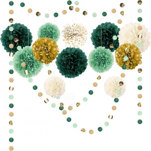 15 Stück Seidenpapier Pompons Deko, Waldgrün Tissue Papier Pom Poms und Dots Papier Girlande, Pompom Dekoration für Boho Hochzeit Tischdeko Geburtstag Babyparty Deko Festival Weihnachten von Homirty