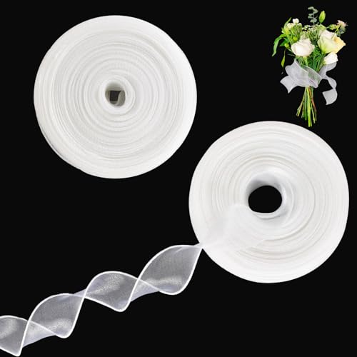 2 Rollen Organzaband Weiss, 100 Yard Geschenkband Weiß Transparent, Dekoband Organza Schmal, Schleifenband Organza, Seidenband Breit, für Hochzeit, Party, Geschenkverpackungen (Weiß) von Homirty