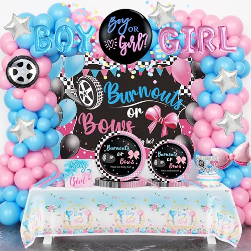 Homond Ausbrenner oder Schleifen Geschlecht offenbaren Dekorationen, Baby Boy or Girl Gender Reveal Supplies Serves 24 Guests, Hintergrund Ballon Tischdecke Teller Servietten Gabeln für Rosa Blau von Homond