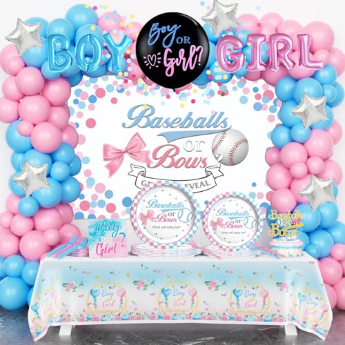 Homond Baseballs oder Schleifen Geschlecht offenbaren Dekorationen, Baby Boy or Girl Gender Reveal Supplies Serves 24 Guests, Hintergrund Ballon Tischdecke Teller Servietten Gabeln für Rosa Blau von Homond