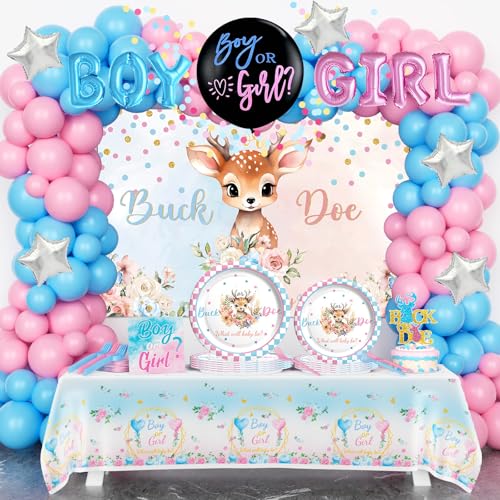 Homond Buck or Doe Gender Reveal Dekorationen, Baby Boy or Girl Gender Reveal Supplies Serves 24 Guests, Hintergrund Ballon Tischdecke Teller Servietten Gabeln für Hirsch Motto Geschlecht Enthüllung von Homond