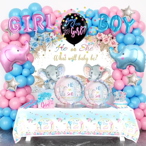 Homond Elefant Geschlecht offenbaren Dekorationen, Baby Boy or Girl Gender Reveal Supplies Serves 24 Guests, Hintergrund Ballon Tischdecke Teller Servietten Gabeln für Sie oder Ihn Rosa Blau von Homond