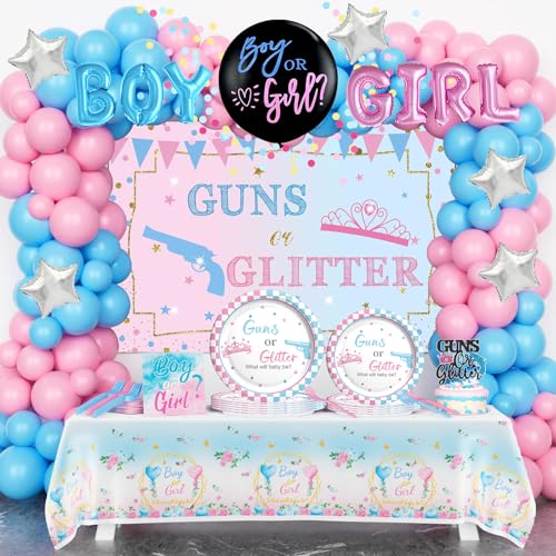 Homond Guns or Glitter Gender Reveal Decorations, Baby Boy or Girl Gender Reveal Supplies Serves 24 Guests, Backdrop Balloon Tablecloth Plates Napkins Forks for Pink Blue Gender Reveal Party von Homond