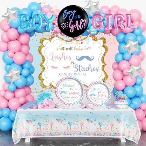 Homond Lashes or Staches Gender Reveal Decorations, Baby Boy or Girl Gender Reveal Supplies Serves 24 Guests, Backdrop Balloon Tablecloth Plates Napkins Forks for Pink Blue Gender Reveal Party von Homond