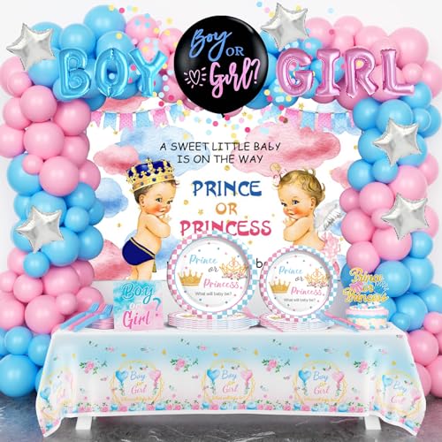 Homond Prinz oder Prinzessin Gender Reveal Dekorationen, Baby Boy or Girl Gender Reveal Supplies Serves 24 Guests, Hintergrund Ballon Tischdecke Teller Servietten Gabeln für Rosa Blau Geschlecht von Homond