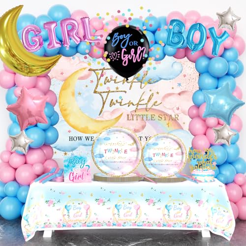 Homond Twinkle Twinkle Little Star Gender Reveal Decorations, Boy or Girl Gender Reveal Supplies Serves 20 Guests, Backdrop Balloon Tablecloth Plates Napkins Forks for Pink Blue Gender Reveal Party von Homond