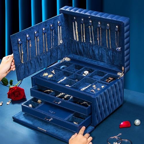 Homruilink Schmuckschatulle aus echtem Leder, 3-lagig, großer Schmuck-Organizer mit Spiegel, abschließbare Schmuckschatulle für Damen, Halskette, Ring, Ohrring-Organizer mit Schublade, Geschenke (blau Homruilink Schmuckschatulle aus echtem Leder, 3-lagig, großer Schmuck-Organizer mit Spiegel, abschließbare Schmuckschatulle für Damen, Halskette, Ring, Ohrring-Organizer mit Schublade, Geschenke (blau von Homruilink