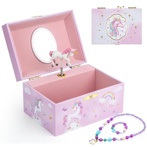 Homtibrm Musik-Schmuckschatulle für Mädchen mit Einhorn-Schmuckset, Kinder-Schmuckschatulle, Spieluhr mit Regenbogen-Pony, Geburtstagsgeschenke für Mädchen, Stern-Einhorn von Homtibrm