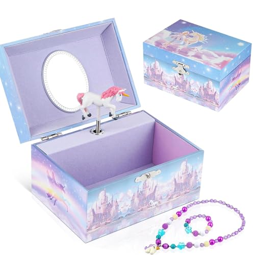 Homtibrm Musik-Schmuckschatulle für Mädchen mit Einhorn-Schmuckset, Kinder-Schmuckschatulle, Spieluhr mit drehbarem Einhorn, Geburtstagsgeschenke für Mädchen, verträumte Einhorn-Melodie von Homtibrm