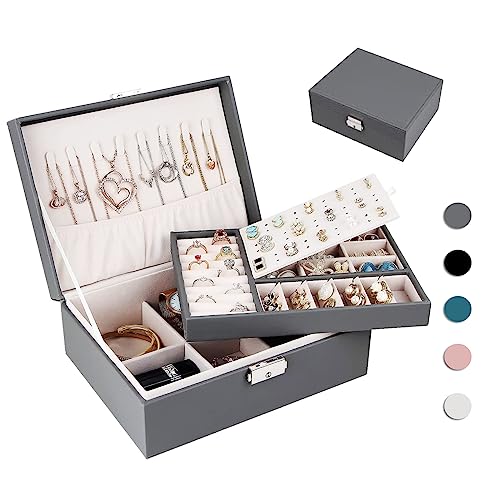 Homtibrm Schmuckkasten, Schmuckkästchen mit 2 Ebenen, PU-Leder Schmuckbox Schmuckschatulle Groß Schmuck Organizer für Ringe Ohrringe Armbänder Halsketten, Grau von Homtibrm