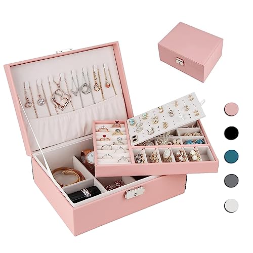 Homtibrm Schmuckkasten, Schmuckkästchen mit 2 Ebenen, PU-Leder Schmuckbox Schmuckschatulle Groß Schmuck Organizer für Ringe Ohrringe Armbänder Halsketten, Rosa von Homtibrm