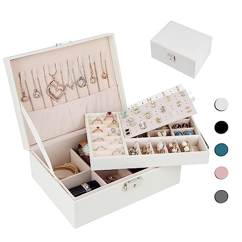 Homtibrm Schmuckkasten, Schmuckkästchen mit 2 Ebenen, PU-Leder Schmuckbox Schmuckschatulle Groß Schmuck Organizer für Ringe Ohrringe Armbänder Halsketten, Weiß von Homtibrm