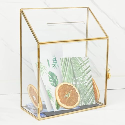 Homtone 20cm Hochzeitskarten Glasbox mit Schlitz & Schloss, Handgefertigtes Messing, Gold, geometrisches Terrarium, klare Displaybox für Hochzeitsempfang, Dekoration, Andenken, 20 * 10 * 25 von Homtone