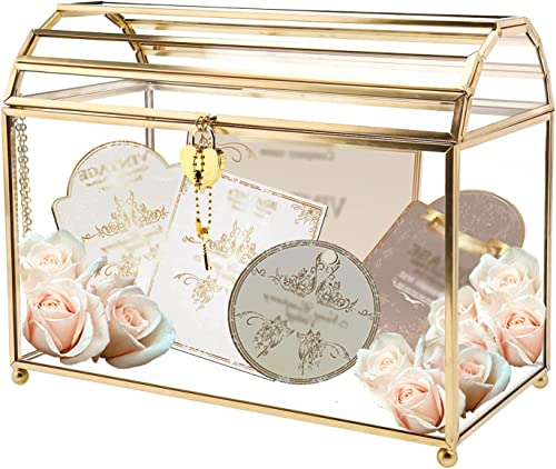 Homtone 26 cm Große Glas Hochzeit Kartenbox mit Schlitz und Schloss, Geometrisches Terrarium Gold Glaskasten, Vintage Präsentationsbox für Hochzeitsempfang, Tafelaufsatz von Homtone