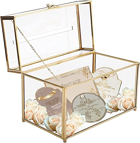 Homtone 26cm Handgefertigte Hochzeitsglas Kartenbox mit Schlitz, Große Goldene Terrarium-Klarsichtglasbox, Vintage Präsentationsbox für Hochzeitsempfang, Tafelaufsatz von Homtone