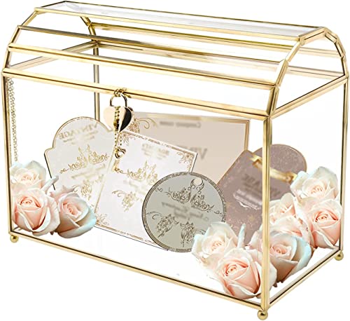 Homtone 31 cm Große Glas Hochzeit Kartenbox mit Schlitz und Schloss, Geometrisches Terrarium Gold Glaskasten, Vintage Präsentationsbox für Hochzeitsempfang, Tafelaufsatz von Homtone