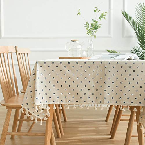 Homxi Abwaschbare Tischdecke Rechteckig 140 W x 160 L cm,Tischdecke Party Beige Blau Blumenmuster mit Quasten Leinen Baumwolle Tischtuch von Homxi