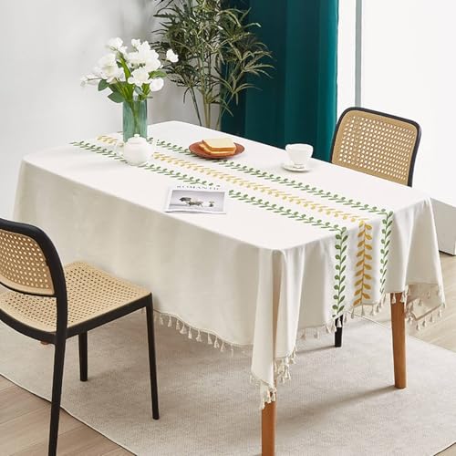 Homxi Kleine Tischdecke Rechteckige,150 W x 230 L cm,Fleckschutz Tischdecke Polyester Baumwolle Gestickte Blatt Zweig mit Quasten Grün Gelb Tischdeckeer Tisch von Homxi