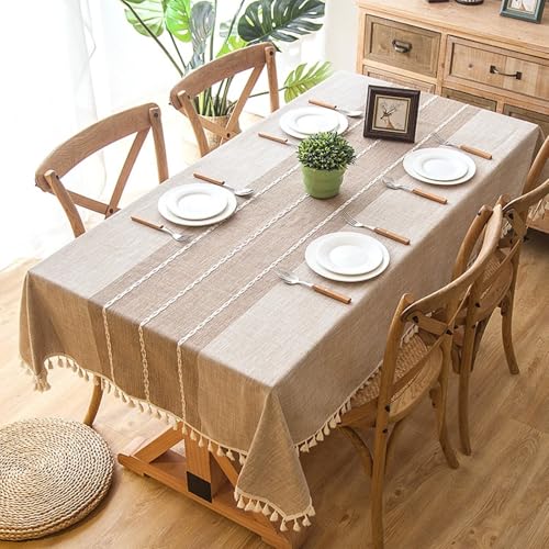 Homxi Tischdecke Couchtisch Rechteckig 140 W x 230 L cm,Tafeldecke Hellkhaki Streifen mit Quasten Polyester Tischdecke für Garten von Homxi