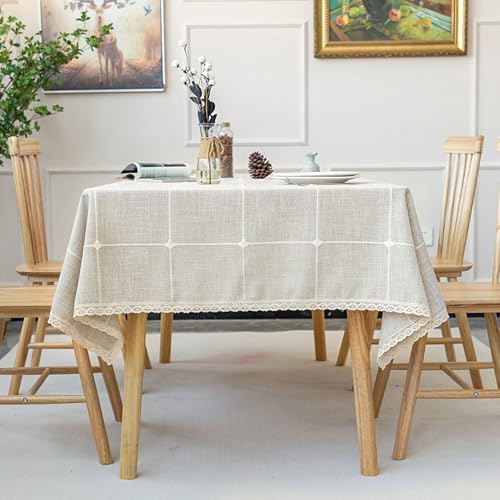 Homxi Tischdecke Rechteckige Groß 140 W x 180 L cm,Tischdecke für Balkontisch Khaki Plaid mit Quasten Polyester Tischtuch für Stehtisch von Homxi