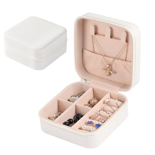 HonGien Schmuckschatulle Reisen Schmuckbox Damen Klein Reise Schmuck Etui Tragbarer Reise Schmuckbox jewellery box small für Ohrringe, Ringe, Ohrstecker, Kette (Weiß) von HonGien