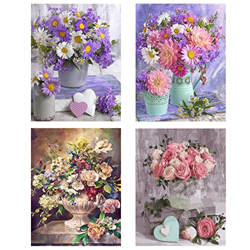 Honatrv Diamond Painting Blumen, 4 Pack Diamant Painting Bilder, Diamant Malerei Kits, Diamond Painting Zubehör für Erwachsene Kinder, 30x40cm von Honatrv