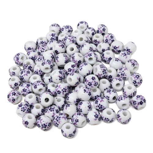 Honbay 100 Stück 10 mm Keramikperlen, Porzellan-Blume, runde Perlen, Abstandshalter, lose Perlen mit 1 Beutel mit Kordelzug für Halsketten, Ohrringe, Armbänder, zum Basteln (lila Blume) von Honbay