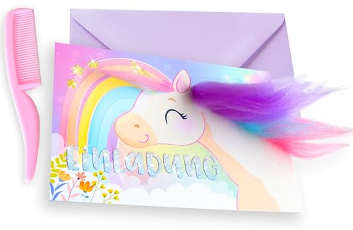 8x Einhorn Glitzer Einladungskarten mit ECHTEN HAAREN & kleinen KÄMMEN (inkl. Umschläge) - Kinder Mädchen Geburtstagseinladungen - Kindergeburtstag Regenbogen Party Einladungen von Honbeanify