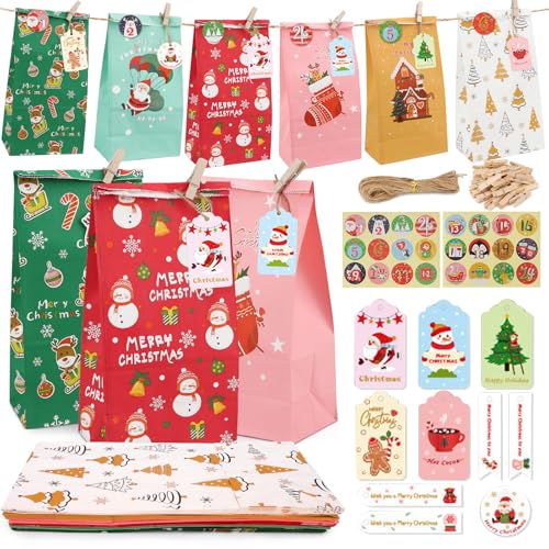 Honeueuen DIY Adventskalender Kit, 2024 Weihnachten Handwerk Adventskalender 24 Papiertüten mit 6 Mustern Design, Holzklammern, Zahlenaufklebern und Seil, DIY Adventskalender Xmas Geschenktüten (Bunt) von Honeueuen