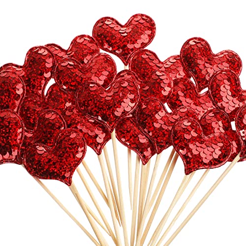 100 Stück Herz Cupcake Topper Glitzer Fischschuppen Cupcake Topper Glänzende Kuchendekorationen Valentinstag Cupcake Dekorationen mit doppelten Farben für Hochzeit Party Muttertag (rot, silberfarben) von Honeydak