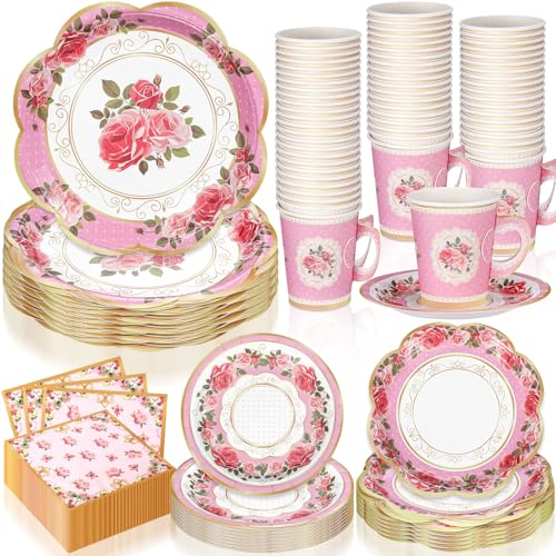 Honeydak Teeparty-Einwegbecher und Untertassen, Set mit Blumenmuster, Teeparty-Zubehör, 50 Gäste, Blumen-Teetassen mit Griff, 22,9 cm, 17,8 cm, Blumen-Tee-Pappteller, Untertassen, Servietten für von Honeydak