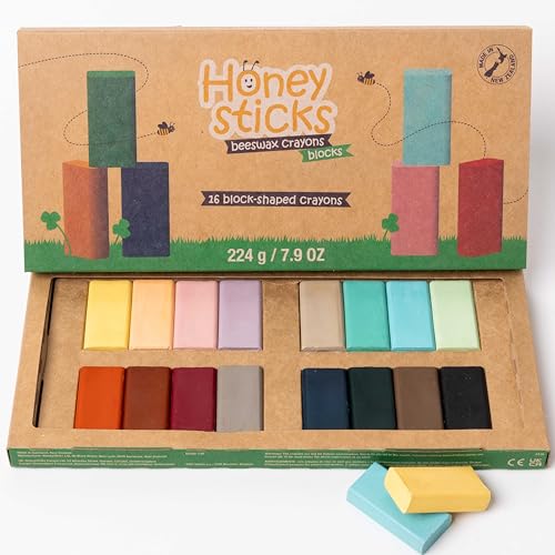 Honeysticks Blockkreiden (16er-Pack), ungiftige Buntstifte für Kinder, Kleinkinder, aus reinem Bienenwachs und lebensmittelechten Farben, langlebige Jumbo-Balstifte zum Zeichnen, Färben von Honeysticks