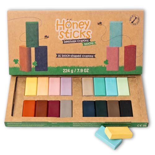 Honeysticks Blockkreiden (16er-Pack), ungiftige Buntstifte für Kinder, Kleinkinder, aus reinem Bienenwachs und lebensmittelechten Farben, langlebige Jumbo-Balstifte zum Zeichnen, Färben von Honeysticks