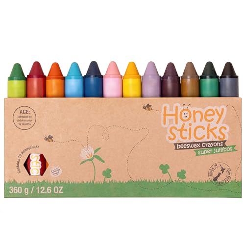 Honeysticks Super Jumbo Buntstifte (12er Pack) - 100% reine Bienenwachsstifte mit lebensmittelechten Farben, ungiftig, unzerbrechlich, extra groß, leicht zu halten und zu benutzen, kinder 1-3 von Honeysticks