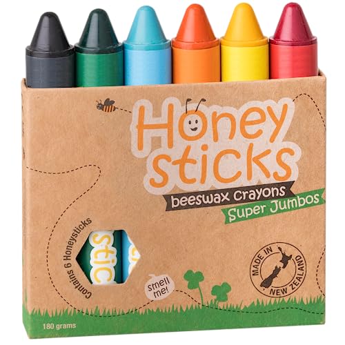 Honeysticks Super Jumbo Buntstifte (6er Pack) - 100% reine Bienenwachsstifte mit lebensmittelechten Farben, ungiftig, unzerbrechlich, extra groß, leicht zu halten und zu benutzen, kinder 1-3 von Honeysticks