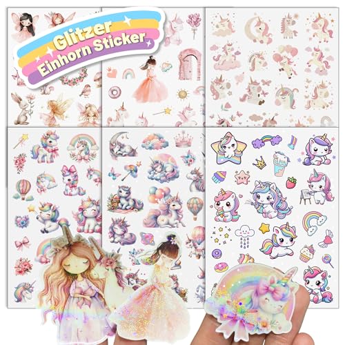 Einhorn Glitzer Sticker mit Glitzereffekt 6pcs Über 150 Motiv Glitzersticker Einhornsticker Aufkleber Holografische Unicorn für Kinder Mädchen Scrapbooking Fotoalbum Geschenke (Nicht Reflektierend) von Hongma