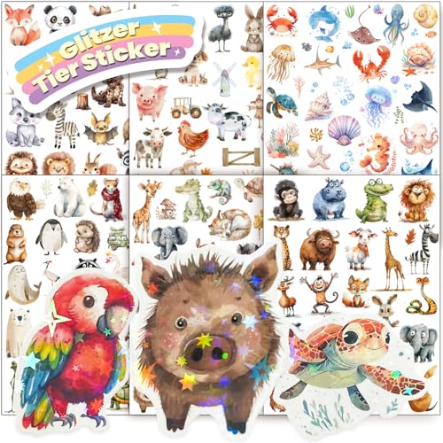 Tier Glitzer Sticker mit Glitzereffekt 6pcs Über 150 Motiv Glitzersticker Tiersticker Aufkleber Holografische Tiere Waldtiere für Kinder Mädchen Scrapbooking Fotoalbum Geschenke (Nicht Reflektierend) von Hongma