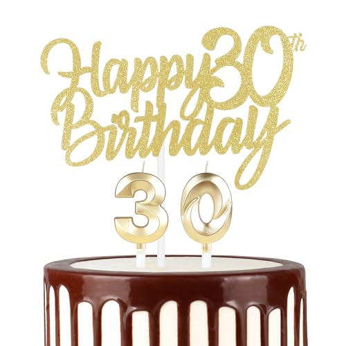 Hongplus Gold 30 Geburtstag Kerzen mit Glitzer Gold Happy 30th Birthday Cake Topper, Geburtstag Zahl 30 Kerzen, Happy 30th Birthday Kuchen Dekorationen Set für 30 Geburtstag Deko für Frauen Männer von Hongplus