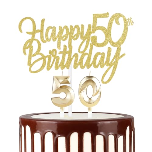 Hongplus Gold 50 Geburtstag Kerzen mit Glitzer Gold Happy 50th Birthday Cake Topper, Geburtstag Zahl 50 Kerzen, Happy 50th Birthday Kuchen Dekorationen Set für 50 Geburtstag Deko für Frauen Männer von Hongplus