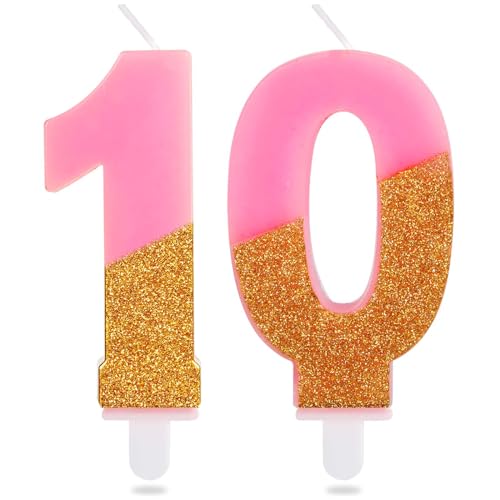 Hongplus Rosa Glitzer 10. Geburtstag Kerzen Zahl 10 Kerzen Kuchen Kerze Kerzen für Kuchen Happy 10th Birthday Cake Topper Dekorationen für Mädchen 10. Geburtstag Jahrestag Hochzeit Party von Hongplus