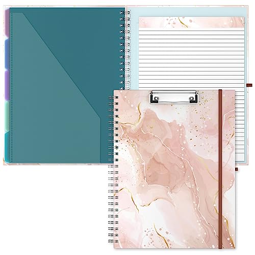 Hongri Klemmbrett Folio mit nachfüllbarem liniertem Notizblock, Klemmbretter mit 5 A4-Ordnern, Aufbewahrung 10 Taschen, Spiralklemmbrett, Portfolio, Größe 32,5 x 24,6 cm, Bürobedarf, Schulbedarf, rosa von Hongri