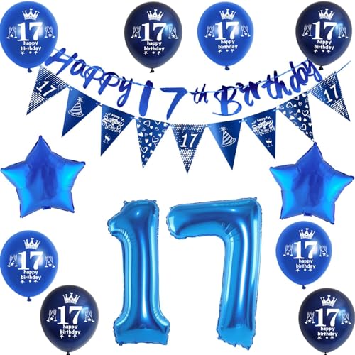 Blau Girlande 17 geburtstag Banner + Dreiecksflaggen + Luftballons Zahl 17 +8 pcs 17 Geburtstag ballons 17 Geburtstag deko für junge,deko 17. Geburtstag junge geburtstagsdeko 17 jahre junge von Hongyantech