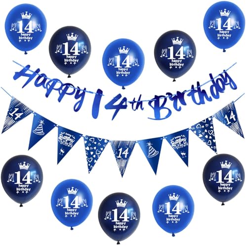 Blau Girlande Happy 14th Birthday Banner + 14 Geburtstag Dreiecksflaggen + 14 pcs 14 Geburtstag luftballons 14 Geburtstag deko für jungen,deko 14. Geburtstag jungen geburtstagsdeko 14 jahre junge von Hongyantech