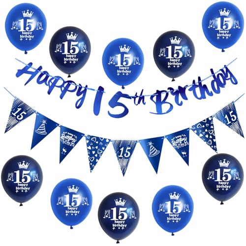 Blau Girlande Happy 15th Birthday Banner + 15 Geburtstag Dreiecksflaggen + 15 pcs 15 Geburtstag luftballons 15 Geburtstag deko für jungen,deko 15. Geburtstag jungen geburtstagsdeko 15 jahre junge von Hongyantech